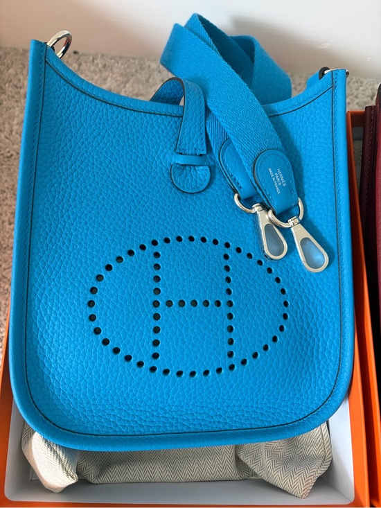 Hermes Handbags - Hermes mini Evelyne tpm Blue Zanzibar Clemence Crossbody Bag